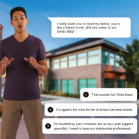 Young man standing with arms forward palms showing open gesture 