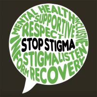 Word cloud bubble showing words to stop stigma
